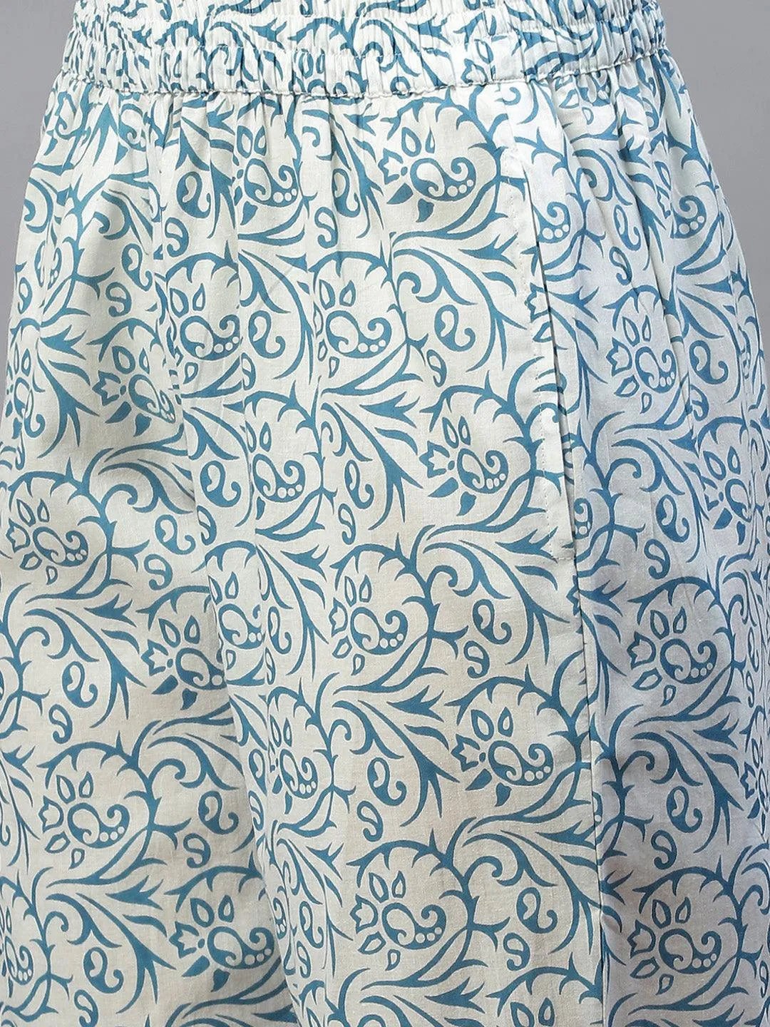 Turquoise Blue Cotton Floral Printed Kurta Pant Set With Dupatta