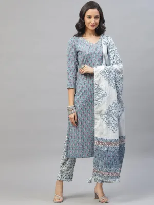 Turquoise Blue Cotton Floral Printed Kurta Pant Set With Dupatta
