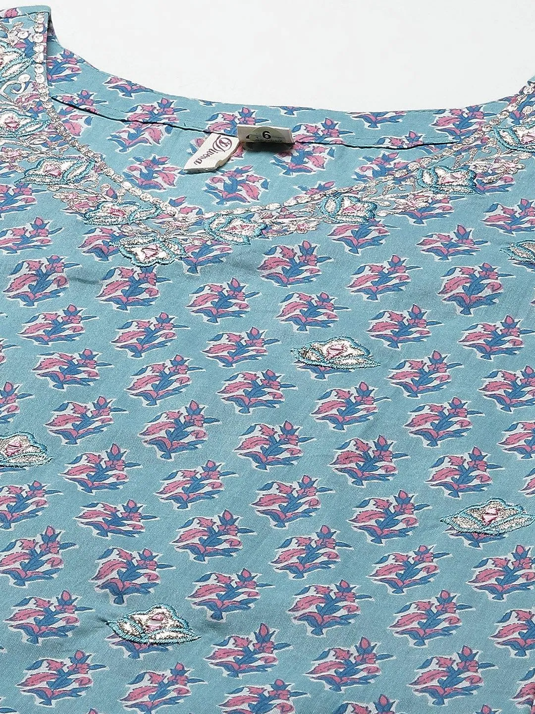 Turquoise Blue Cotton Floral Printed Kurta Pant Set With Dupatta