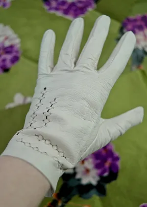 Vintage 50s White Leather Day Gloves • Woven Detail
