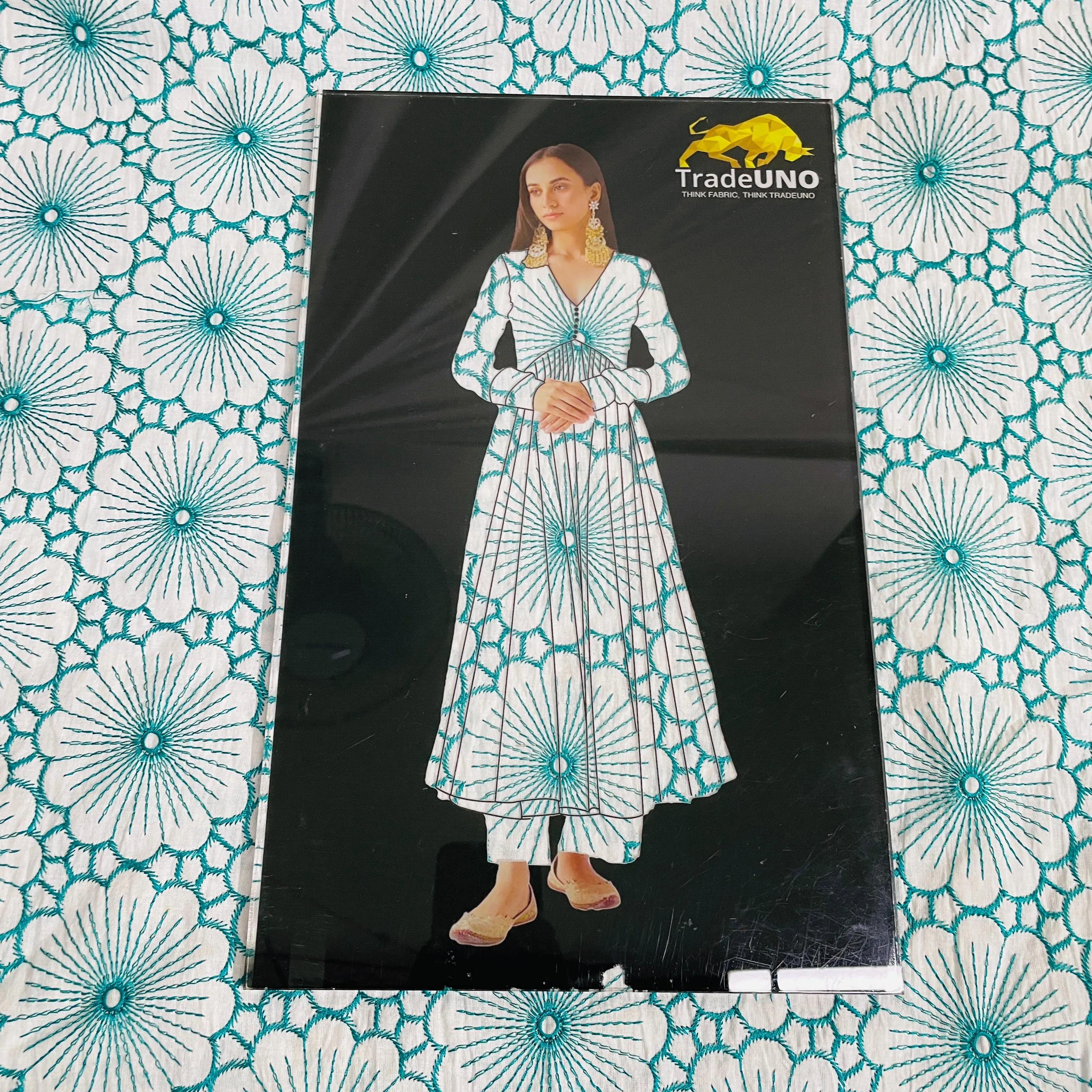 White & Green Floral Thread Embroidery Cotton Fabric
