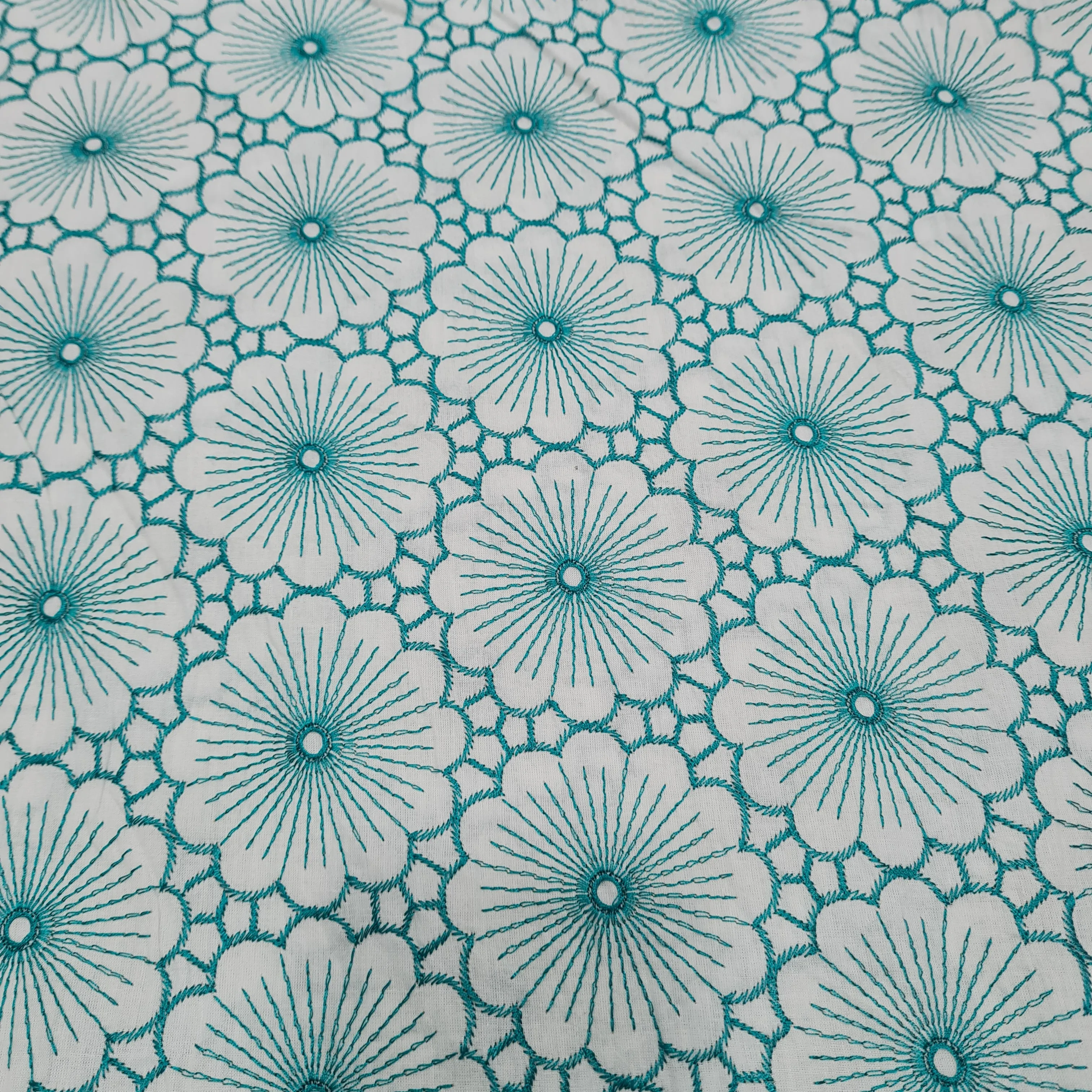 White & Green Floral Thread Embroidery Cotton Fabric