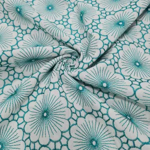 White & Green Floral Thread Embroidery Cotton Fabric