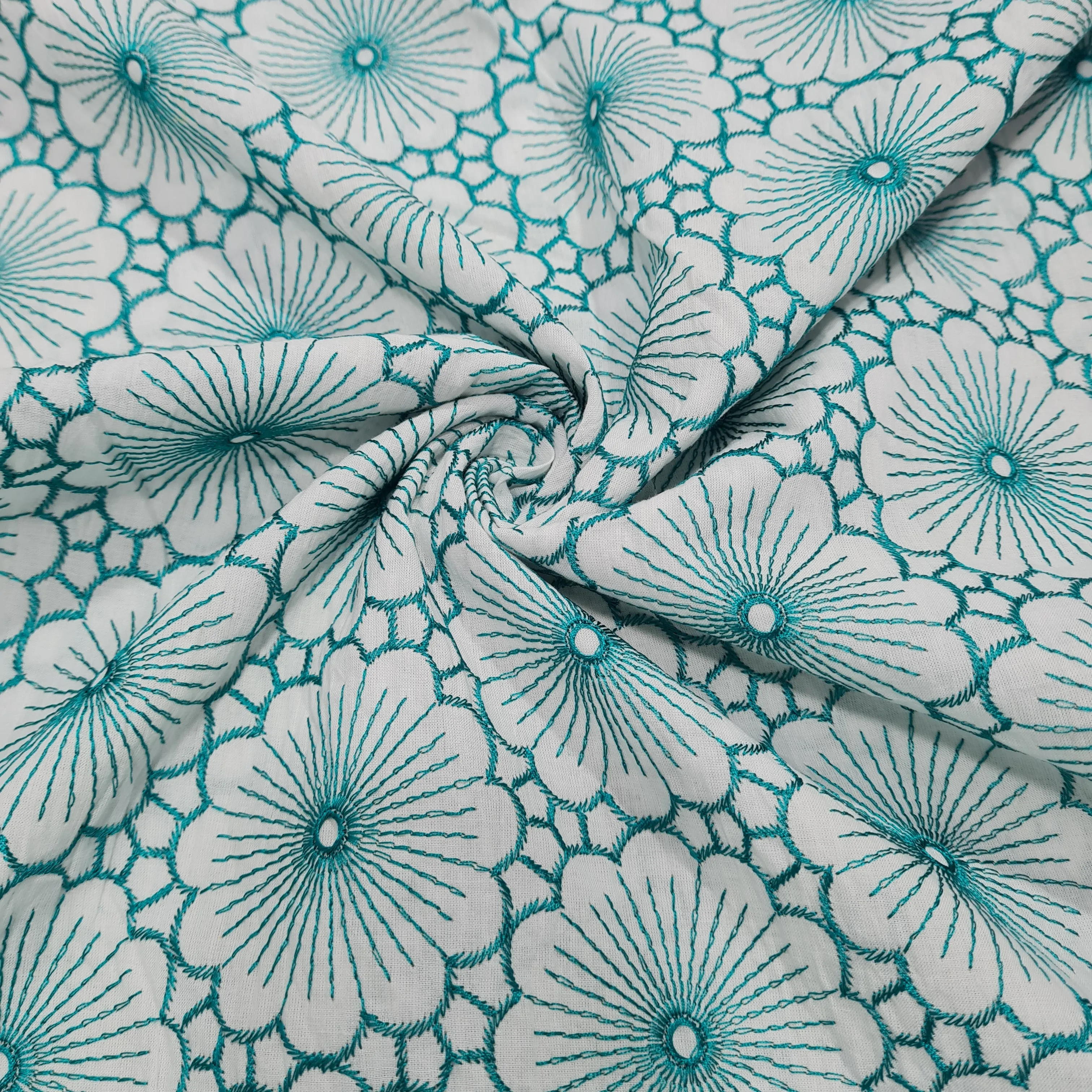 White & Green Floral Thread Embroidery Cotton Fabric
