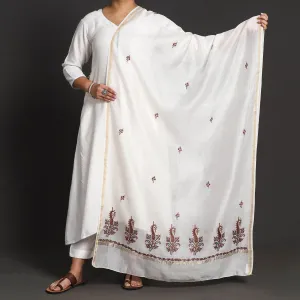 White - Kashidakari Hand Embroidery Chanderi Silk Handloom Dupatta with Zari Border