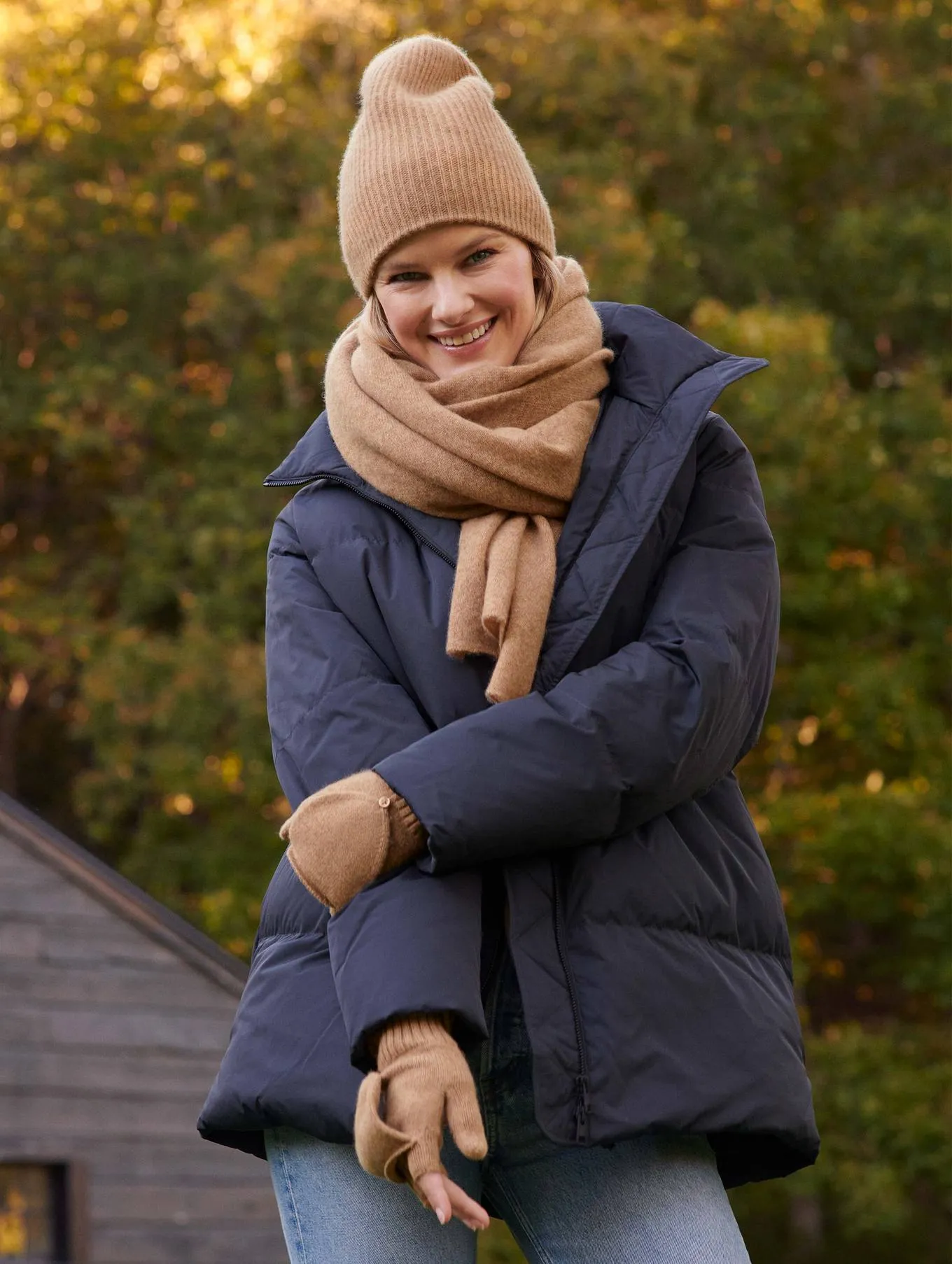 White   Warren - Cashmere Ribbed Pop Top Gloves in Camel Heather