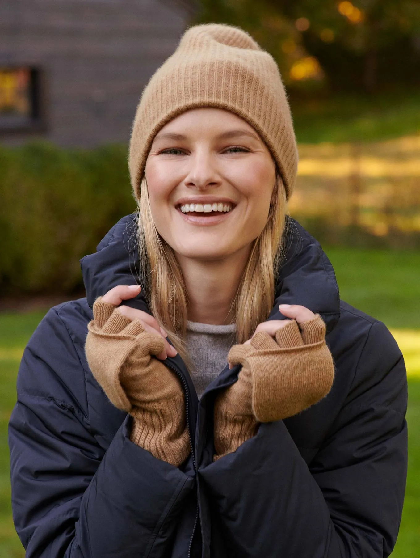 White   Warren - Cashmere Ribbed Pop Top Gloves in Camel Heather