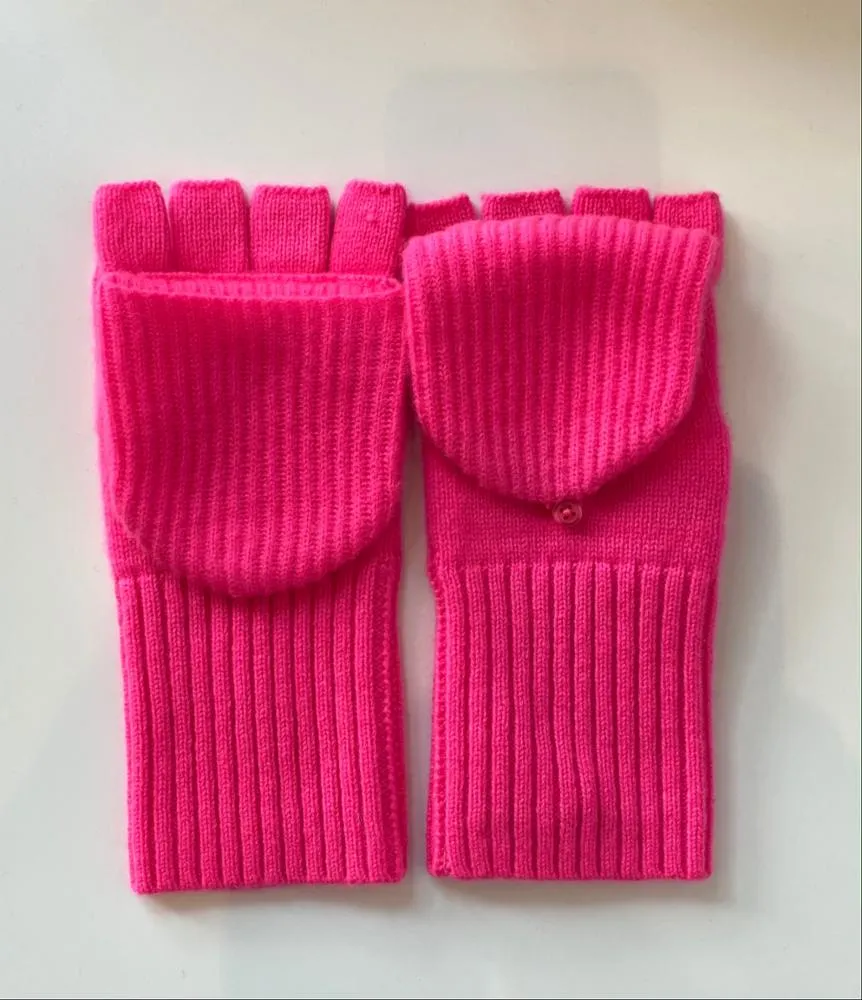 White   Warren - Cashmere Ribbed Pop Top Gloves in Neon Pink Sunrise