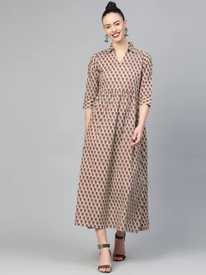 Women Green & Red Floral Printed Fit And Flare Dress