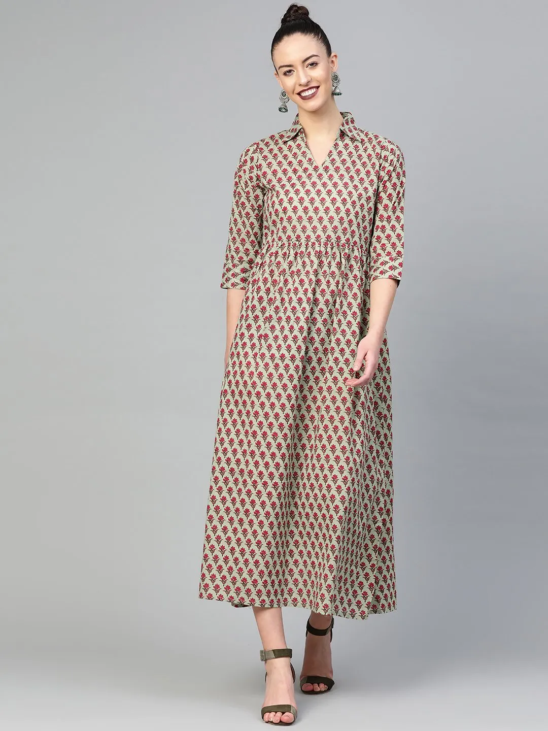 Women Green & Red Floral Printed Fit And Flare Dress