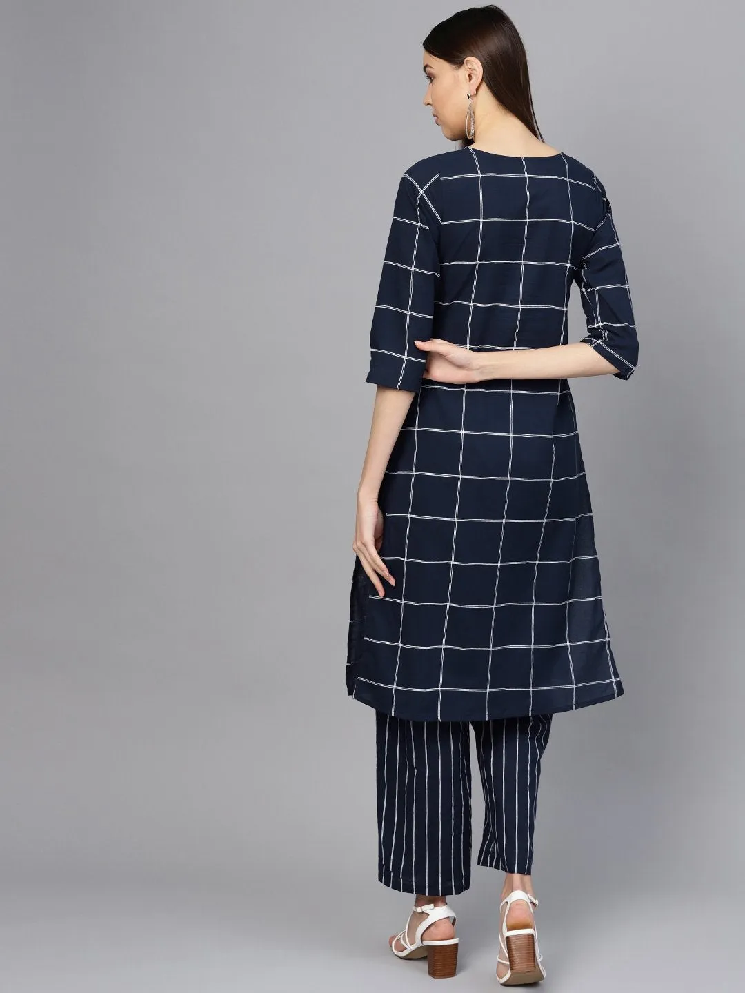 Women Navy Blue & White Checked Kurta With Palazzos