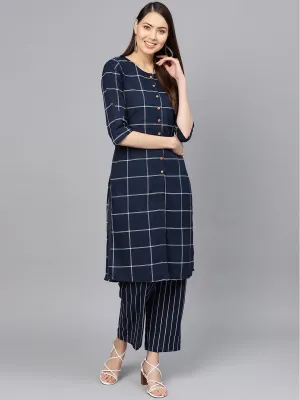 Women Navy Blue & White Checked Kurta With Palazzos