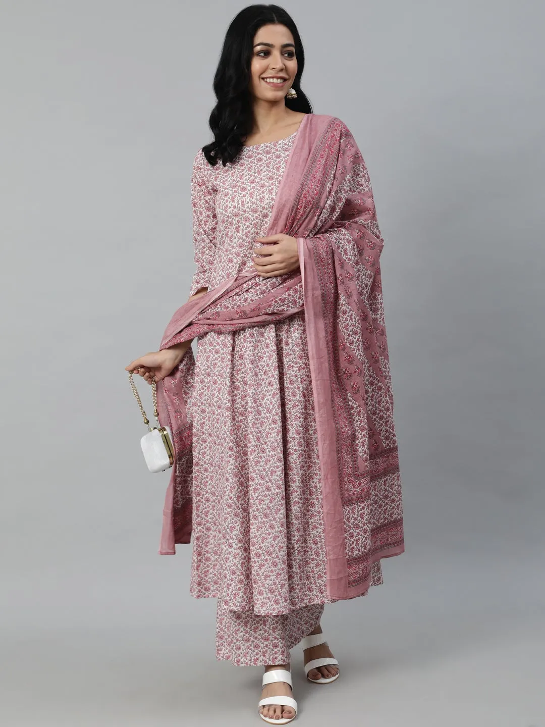 Women Off-White Ethnic Printed Straight Kurta With Plazzo And Dupatta