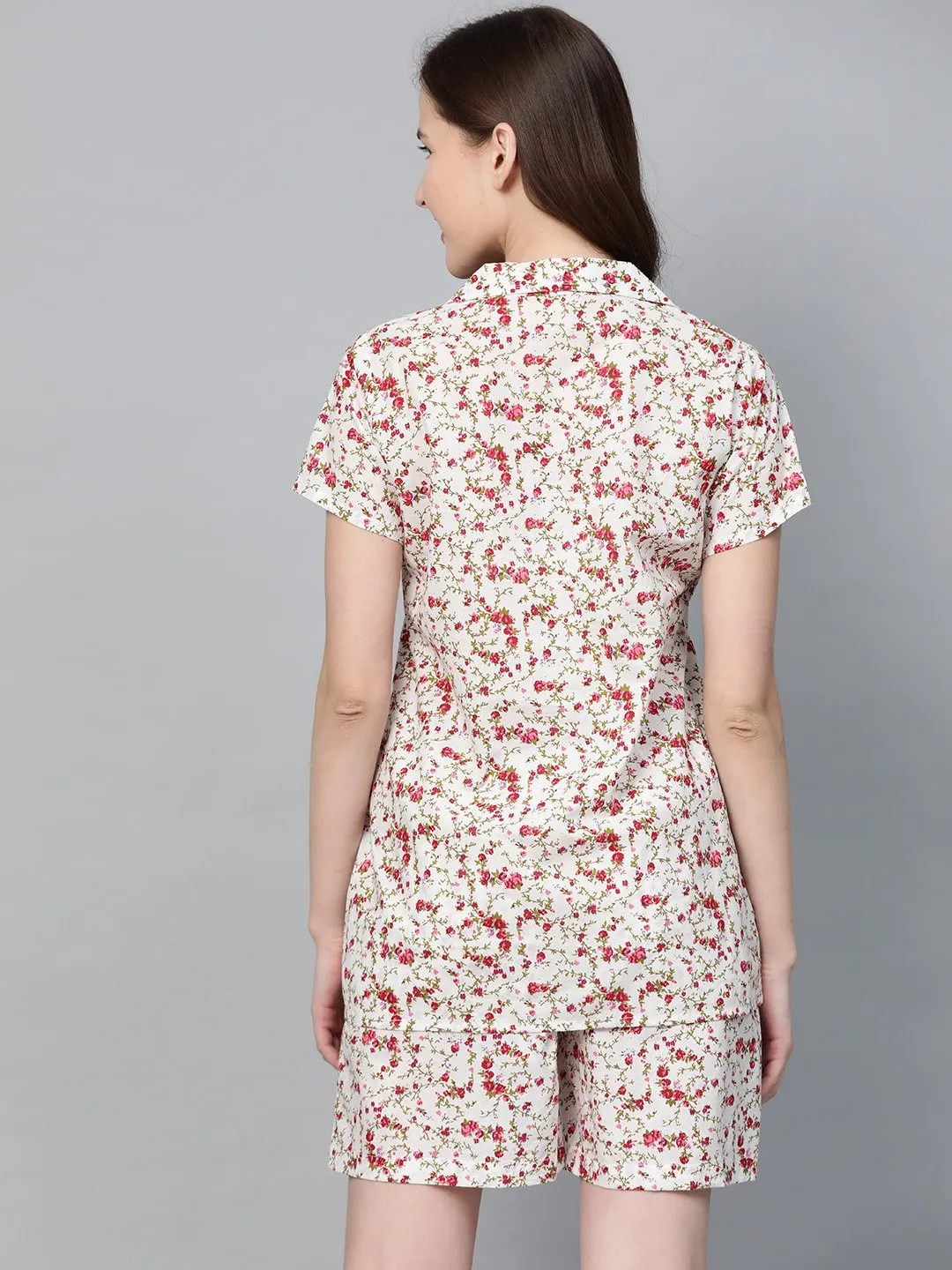 Women White Floral Printed Night Suit
