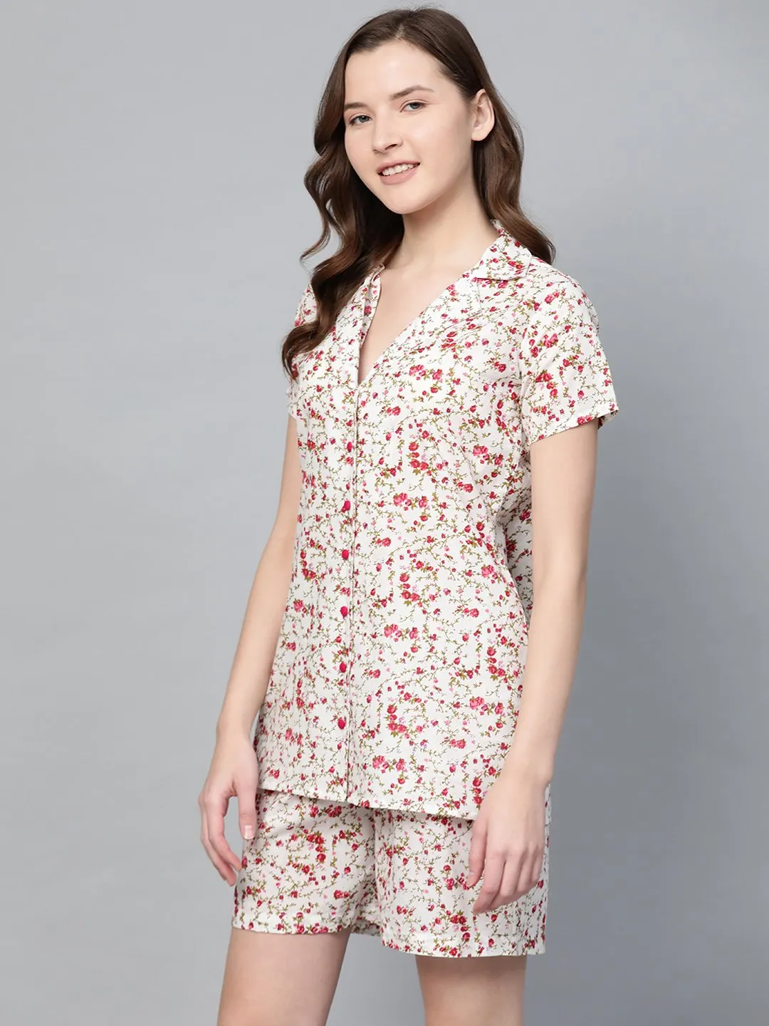 Women White Floral Printed Night Suit