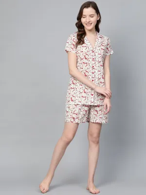 Women White Floral Printed Night Suit
