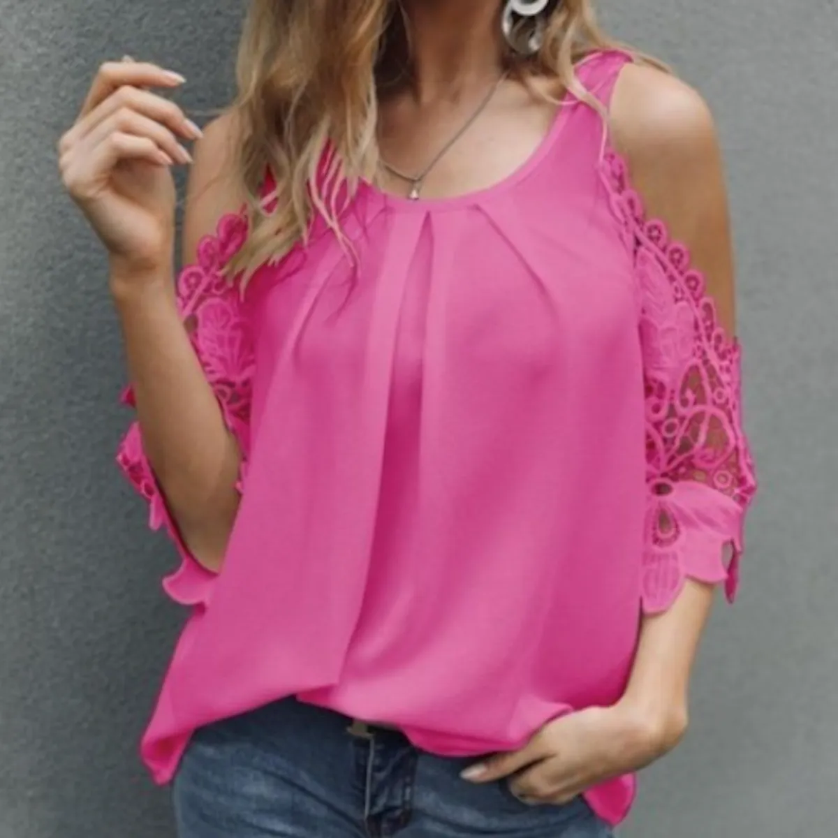 Womens Cut Out Shoulder Lace Chiffon Top