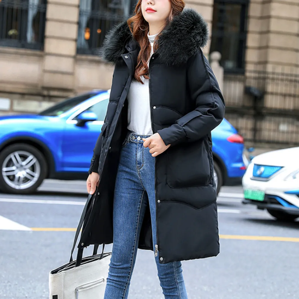 Womens Mid Length Big Pocket Zipper Jacket with Furry Hood