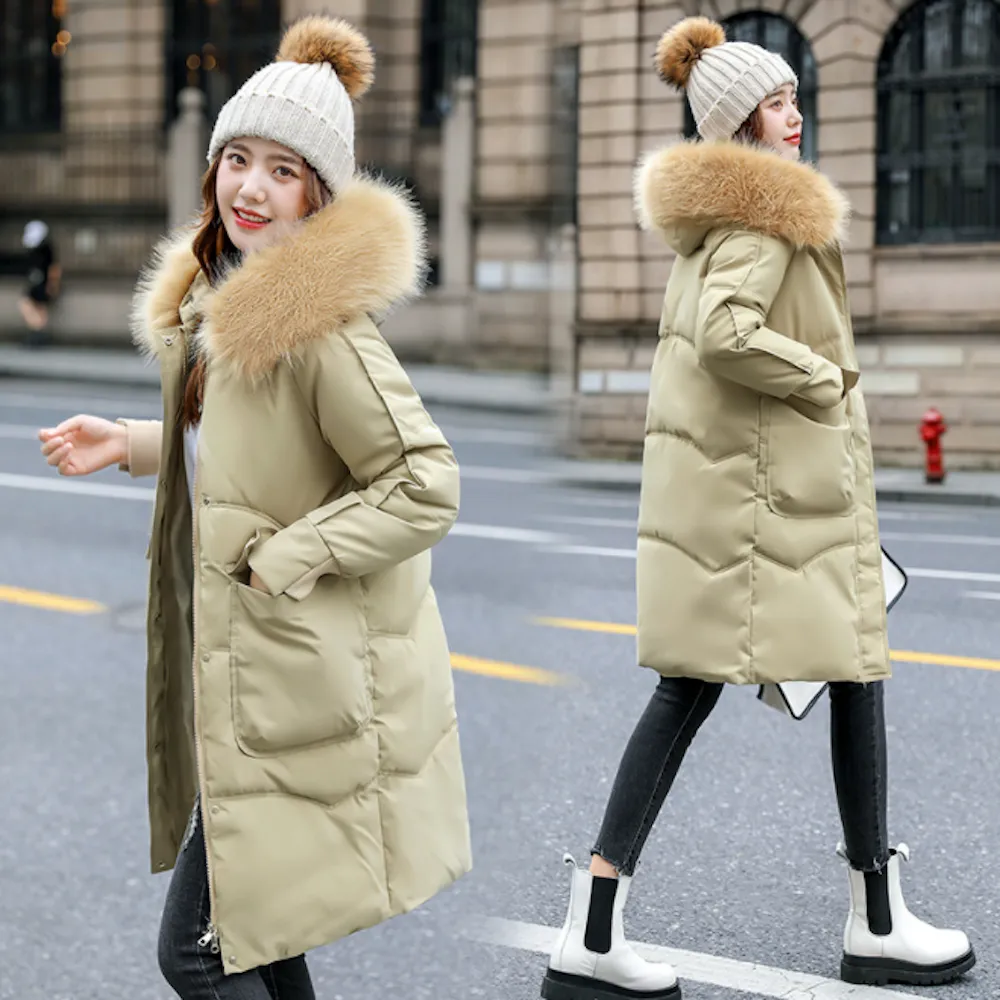 Womens Mid Length Big Pocket Zipper Jacket with Furry Hood