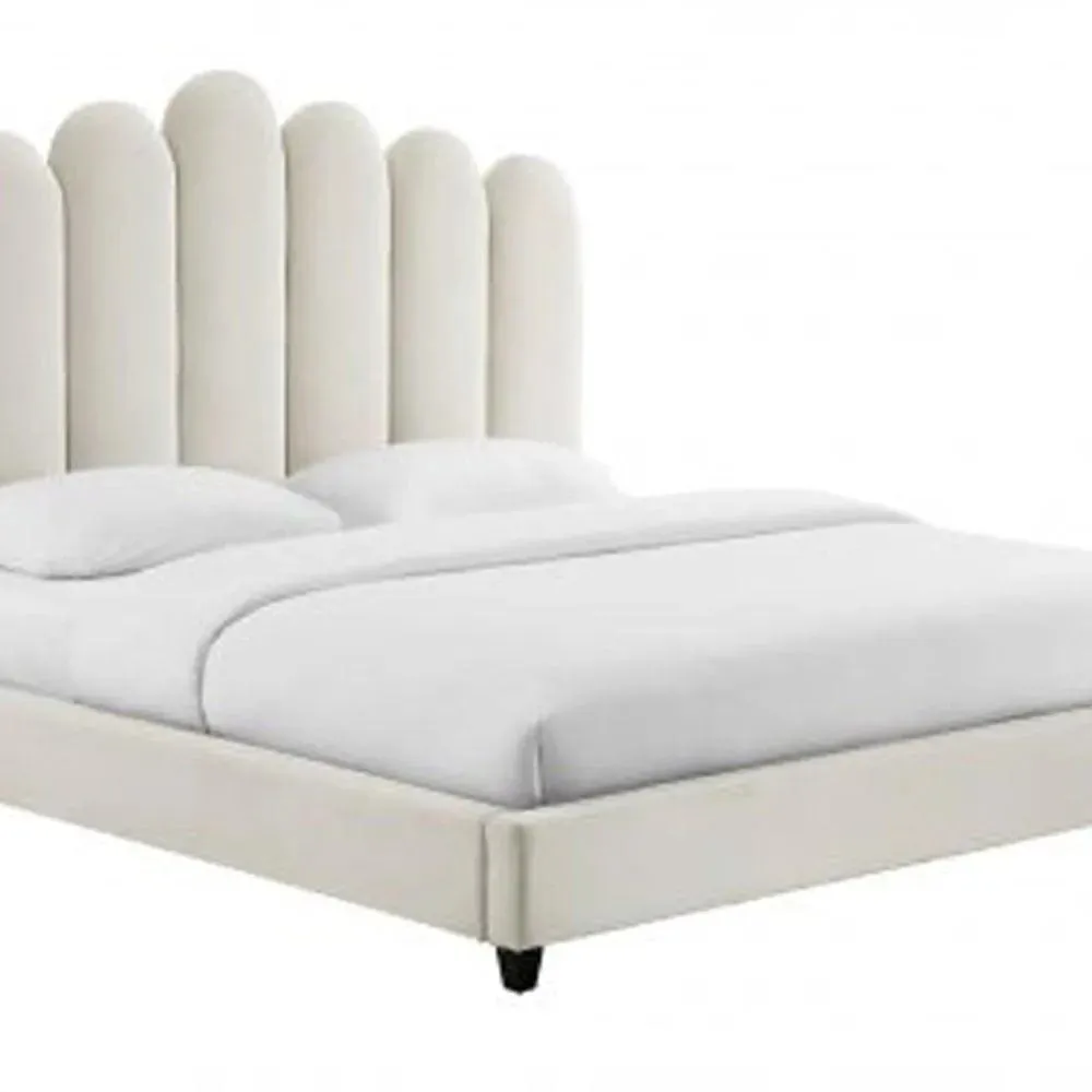 Wooden Twist Keline Velvet Upholstery Rectangular Bed ( Cream )