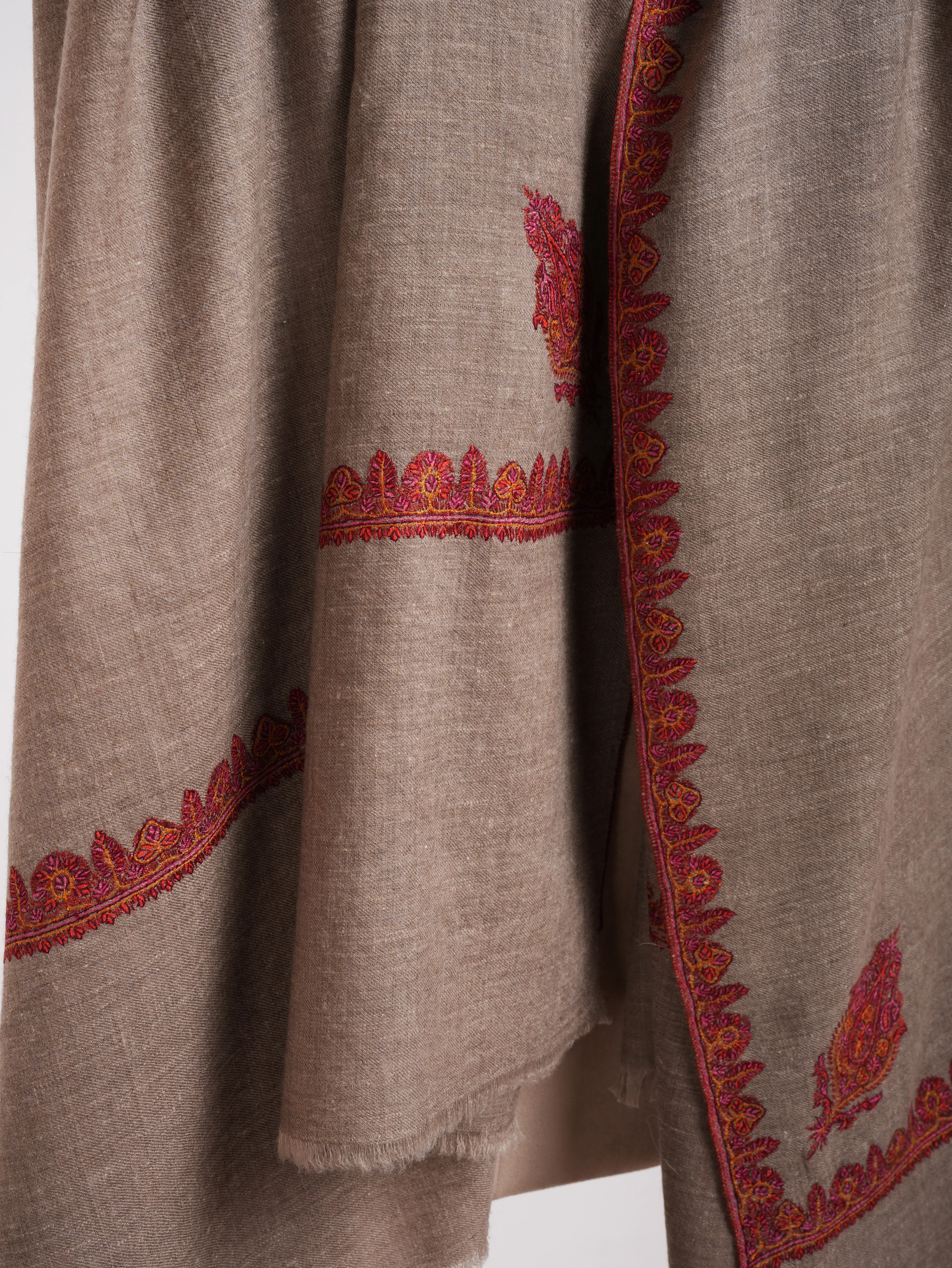 XL Natural Grey Hand Embroidered Original Pashmina Shawl