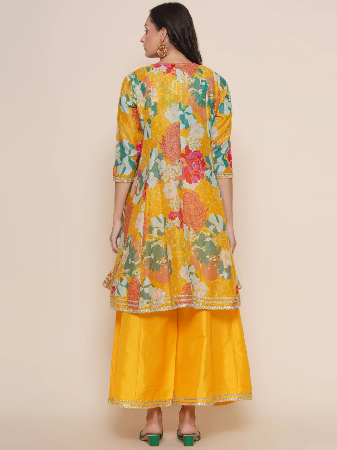 Yellow Floral Printed Shrug & Short Printed Spaghetti with Yellow Solid Palazzos