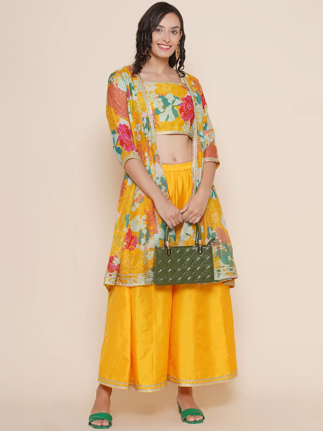Yellow Floral Printed Shrug & Short Printed Spaghetti with Yellow Solid Palazzos