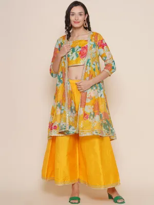 Yellow Floral Printed Shrug & Short Printed Spaghetti with Yellow Solid Palazzos
