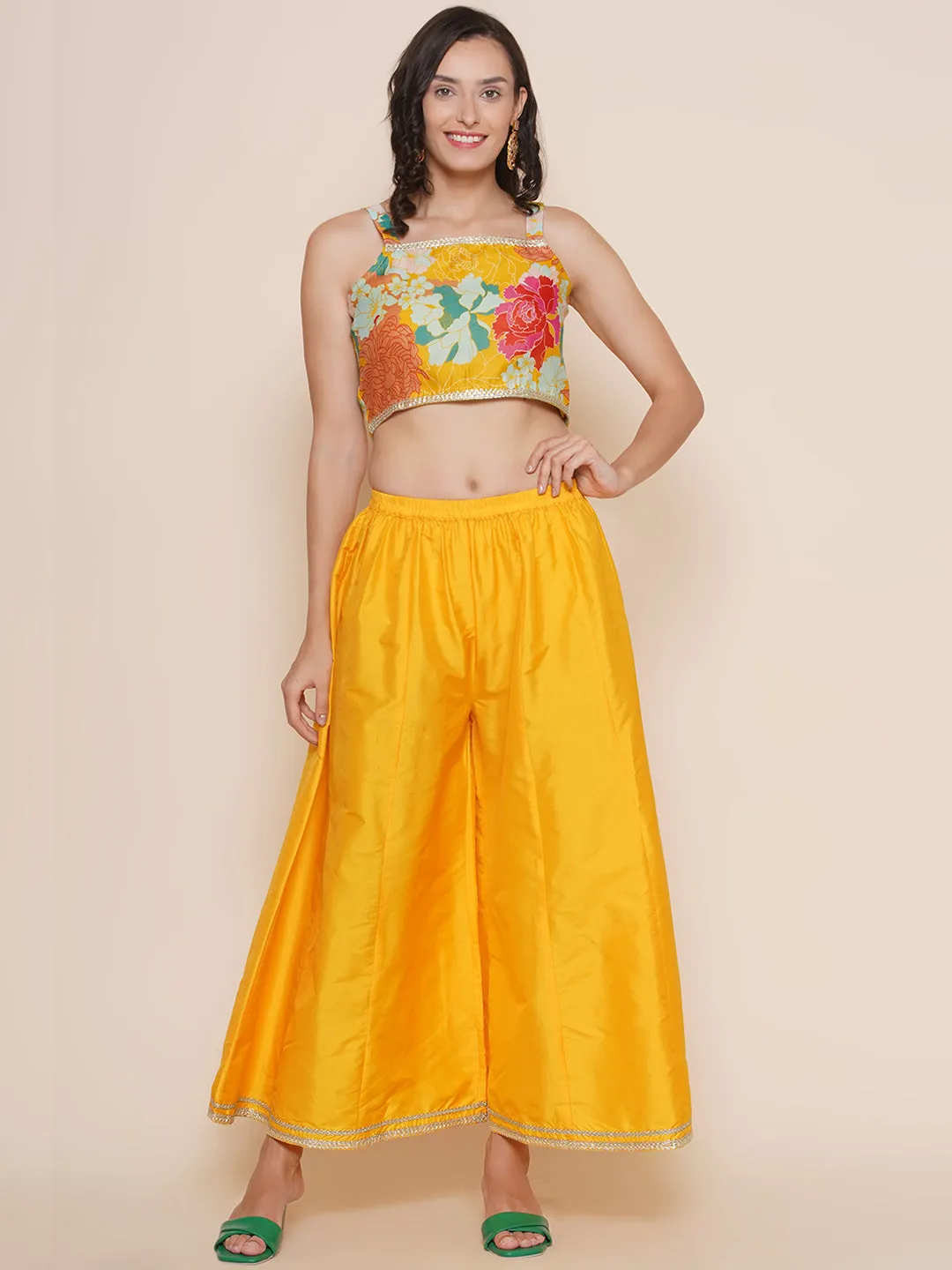 Yellow Floral Printed Shrug & Short Printed Spaghetti with Yellow Solid Palazzos