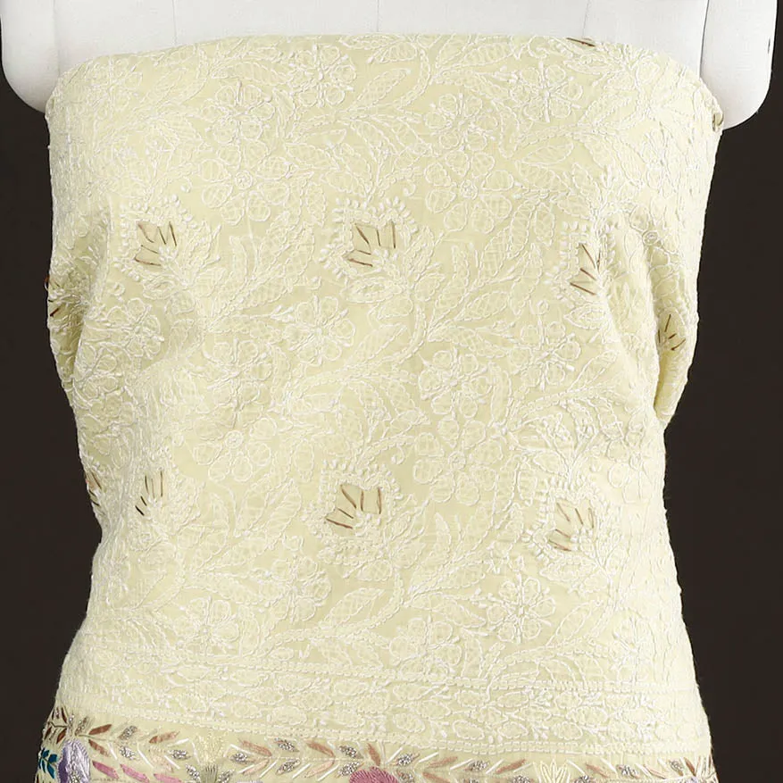 Yellow - Lucknow Chikankari with Parsi Style Embroidered Cotton Kurta Material - 2.9 Meter