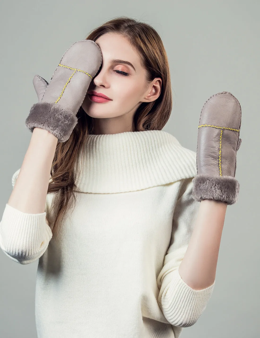 YISEVEN Womens  Sheepskin Shearling Leather Gloves(Mittens)